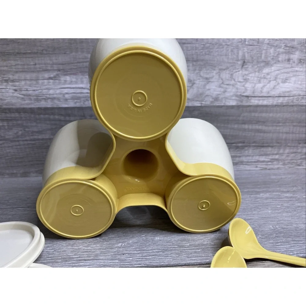 Vintage Tupperware Gold and Almond Condement‎ Caddy Set w/ Cups, Lids & Spoons